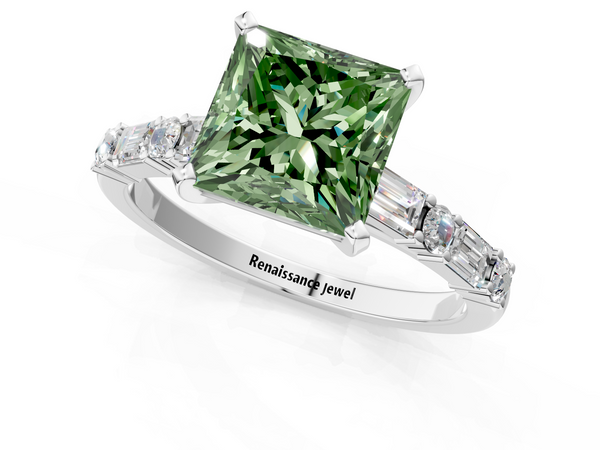 White gold Fancy Green Princess Cut Diamond Solitaire with Side Baguettes and Channel Set Band