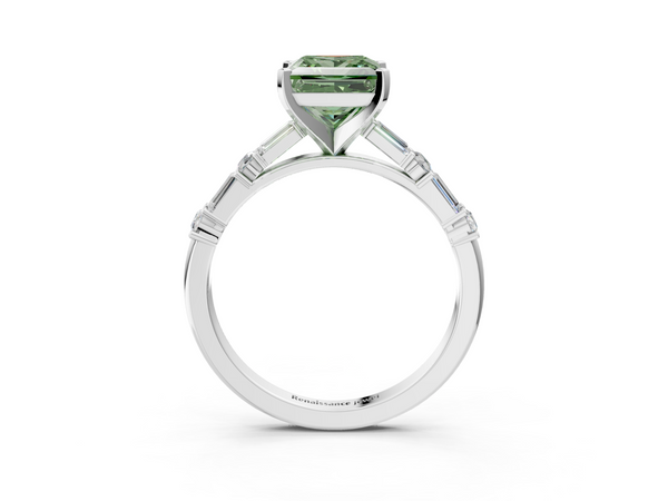 White gold Fancy Green Princess Cut Diamond Solitaire with Side Baguettes and Channel Set Band
