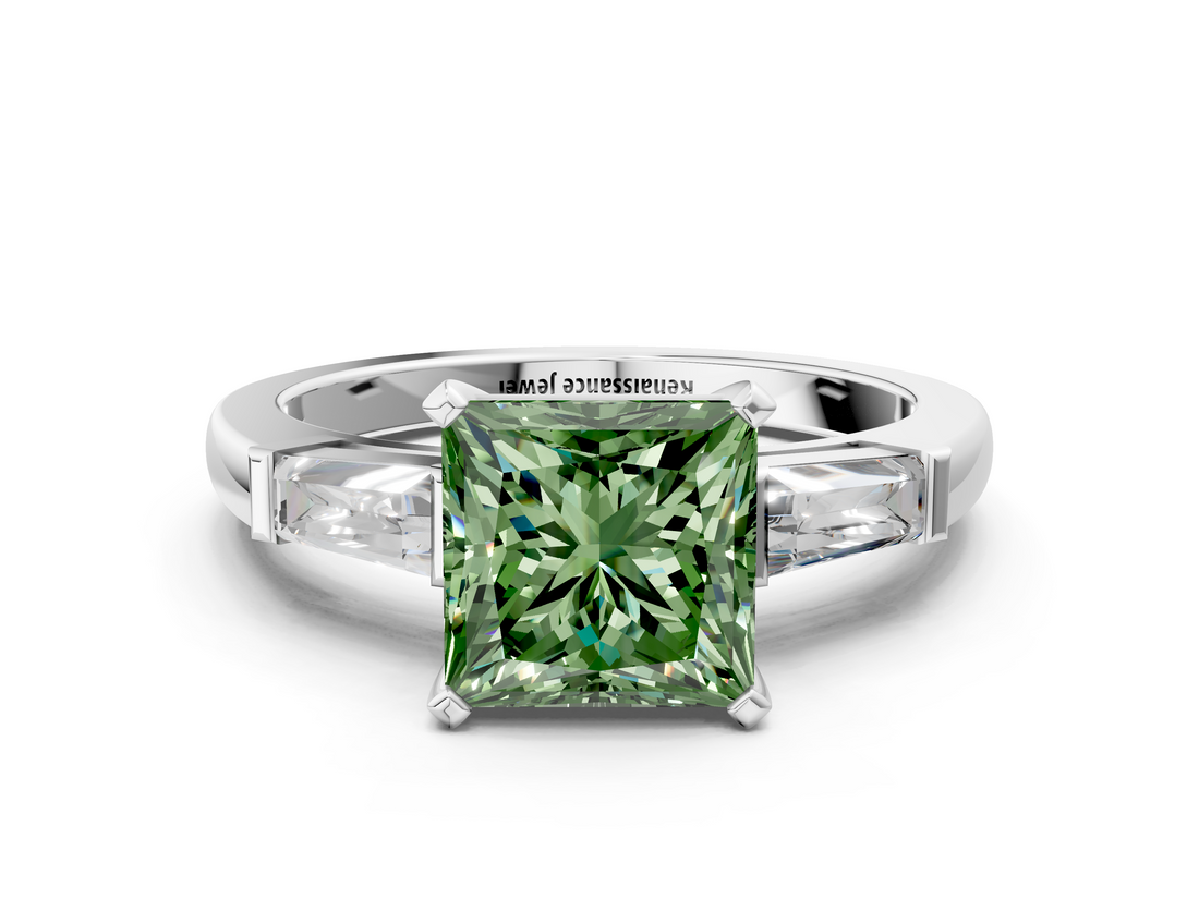 White gold Fancy Green Princess  Solitaire with Tapered Baguette Side Stones on a Classic Band with Four-Prong Setting