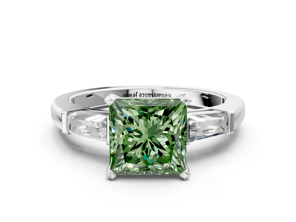 Platinum Fancy Green Princess  Solitaire with Tapered Baguette Side Stones on a Classic Band with Four-Prong Setting