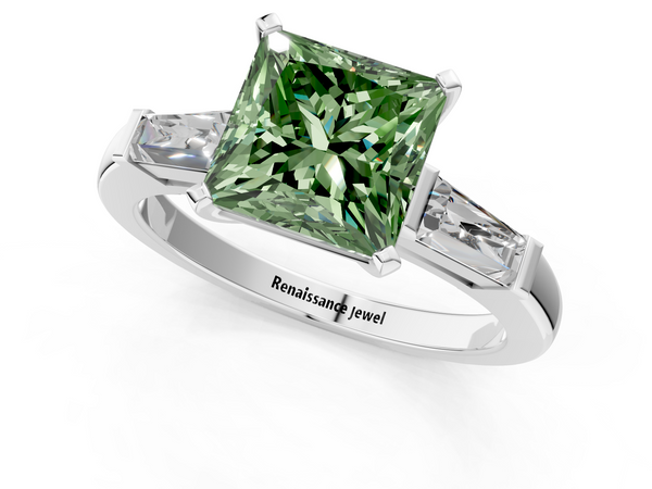 Platinum Fancy Green Princess  Solitaire with Tapered Baguette Side Stones on a Classic Band with Four-Prong Setting