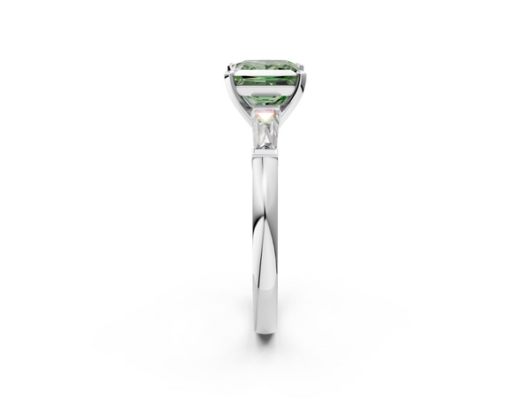 Platinum Fancy Green Princess  Solitaire with Tapered Baguette Side Stones on a Classic Band with Four-Prong Setting