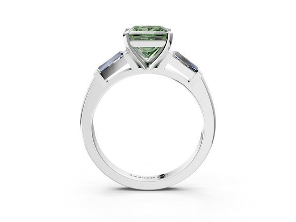 Platinum Fancy Green Princess  Solitaire with Tapered Baguette Side Stones on a Classic Band with Four-Prong Setting