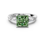 White gold Fancy Green Princess  Solitaire with Tapered Baguette Side Stones on a Classic Band with Four-Prong Setting