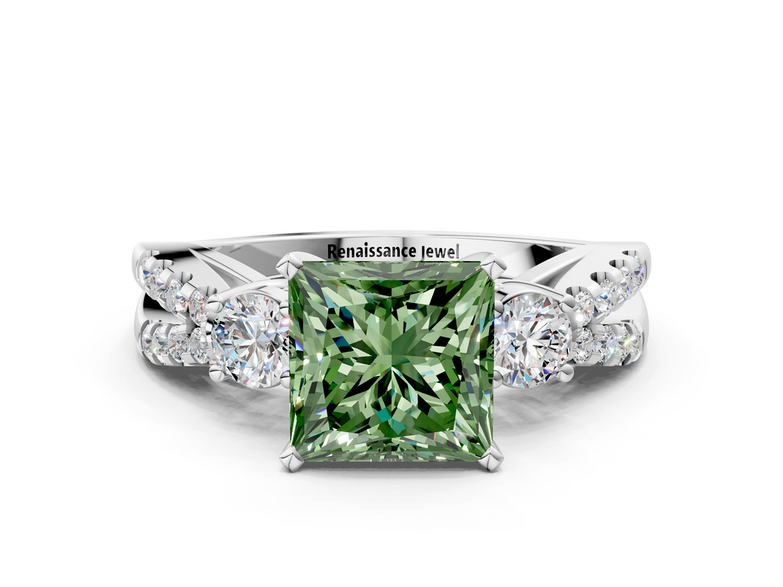 White gold Fancy Green Princess  Three-Stone Diamond Ring with Pavé Split Shank and Four-Prong Setting