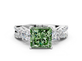 White gold Fancy Green Princess  Three-Stone Diamond Ring with Pavé Split Shank and Four-Prong Setting