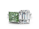 White gold Fancy Green Princess  and Emerald Cut Toi Moi Ring with Prong Setting_29