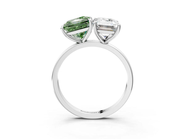 Platinum Fancy Green Princess  and Emerald Cut Toi Moi Ring with Prong Setting