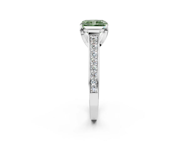 White gold Fancy Green Radiant  Brilliant Cut Diamond Engagement Ring with Pavé Band and Four-Prong Setting