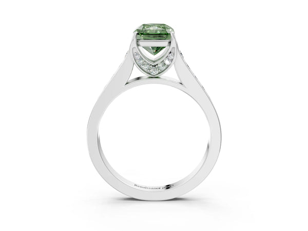 White gold Fancy Green Radiant  Brilliant Cut Diamond Engagement Ring with Pavé Band and Four-Prong Setting