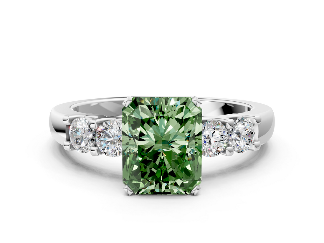 White gold Fancy Green Radiant  Brilliant Cut Diamond Five-Stone Prong Set Engagement Ring with Channel Band_37