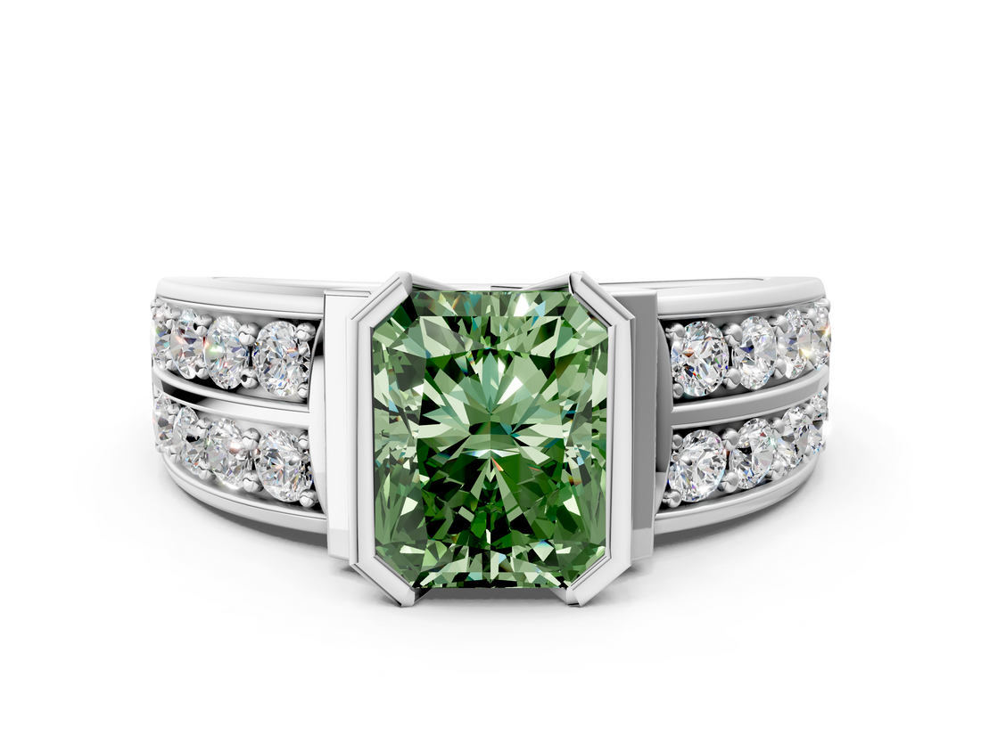 White gold Fancy Green Radiant  Brilliant Diamond Channel Set Wide Band Ring with Bezel Setting_20