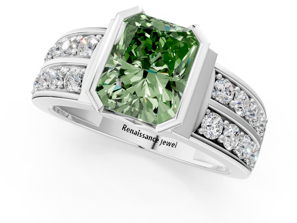 White gold Fancy Green Radiant  Brilliant Diamond Channel Set Wide Band Ring with Bezel Setting
