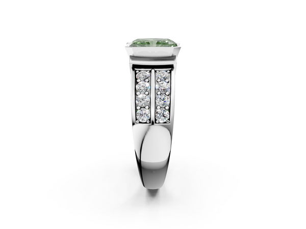 White gold Fancy Green Radiant  Brilliant Diamond Channel Set Wide Band Ring with Bezel Setting