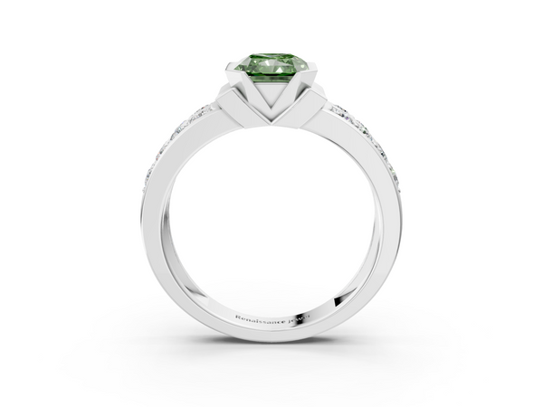 White gold Fancy Green Radiant  Brilliant Diamond Channel Set Wide Band Ring with Bezel Setting