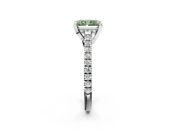 White gold Fancy Green Radiant  Brilliant Diamond Solitaire with Pavé Band and Four-Prong Setting