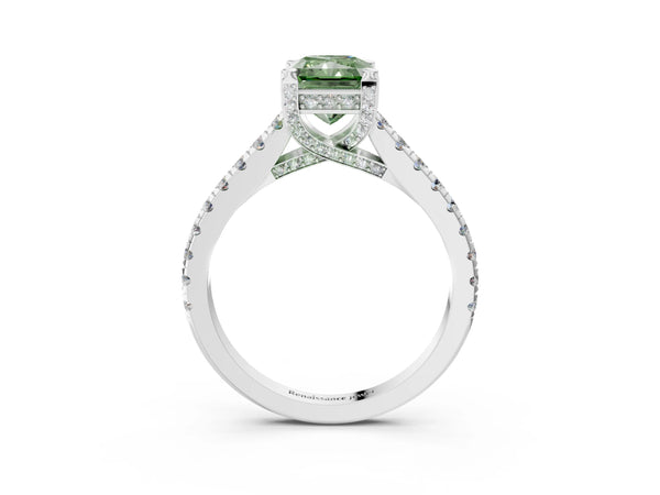 White gold Fancy Green Radiant  Brilliant Diamond Solitaire with Pavé Band and Four-Prong Setting