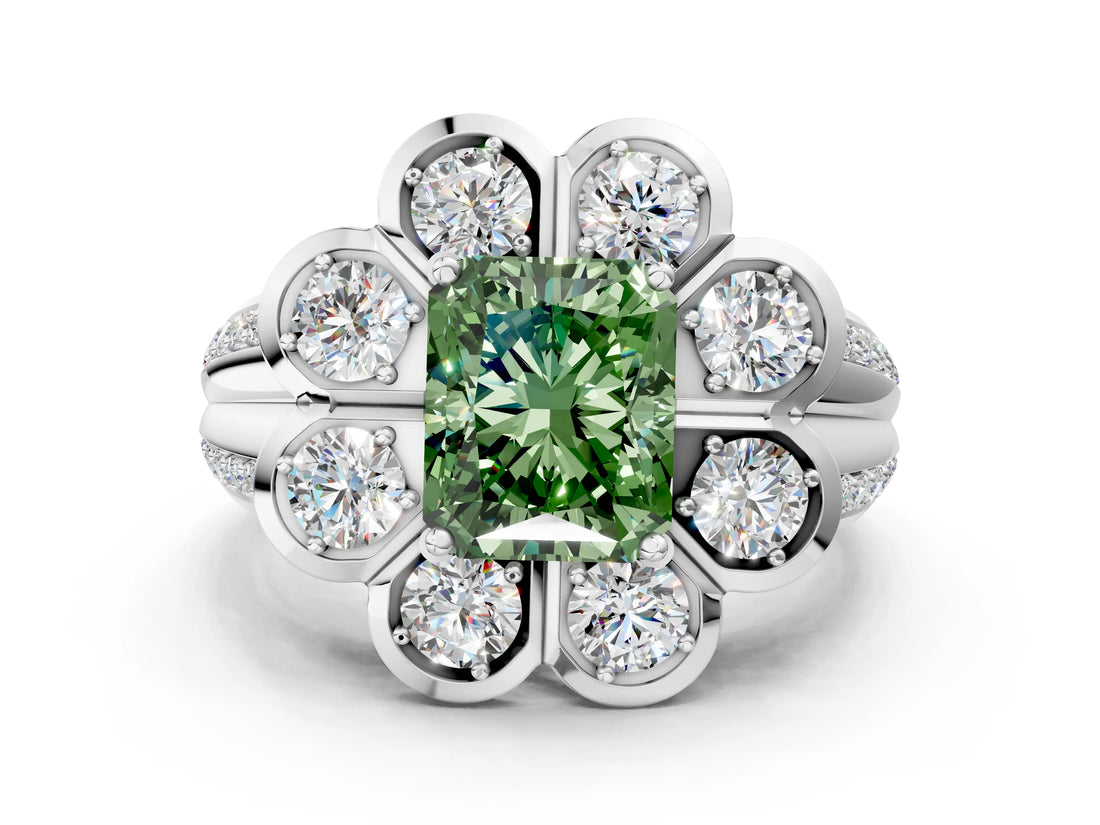 White gold Fancy Green Radiant  Brilliant Flower Halo Diamond Split Shank Ring_118