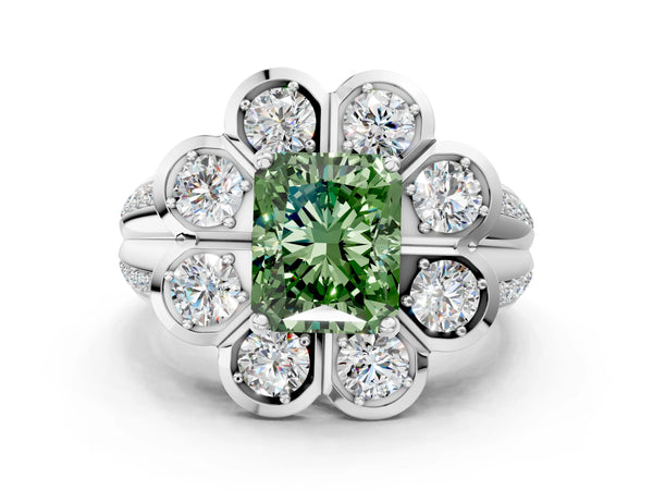 Platinum Fancy Green Radiant  Brilliant Flower Halo Diamond Split Shank Ring