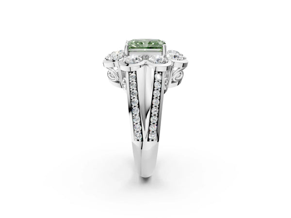 Platinum Fancy Green Radiant  Brilliant Flower Halo Diamond Split Shank Ring