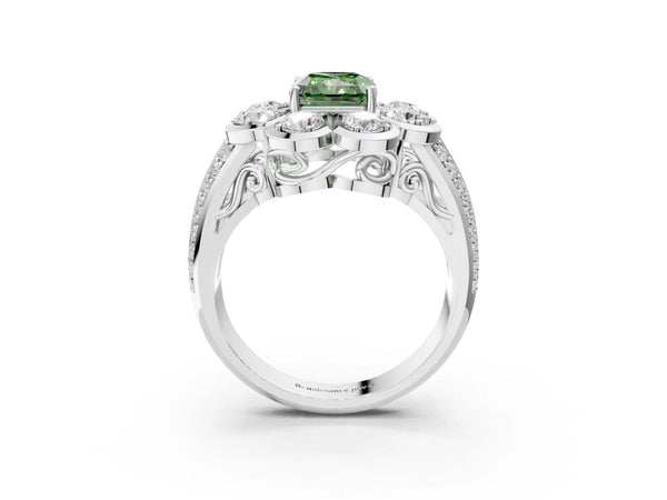 Platinum Fancy Green Radiant  Brilliant Flower Halo Diamond Split Shank Ring