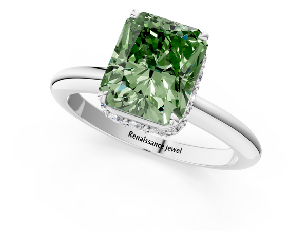 Platinum Fancy Green Radiant  Brilliant Solitaire Engagement Ring with Six-Prong Setting and Classic Band