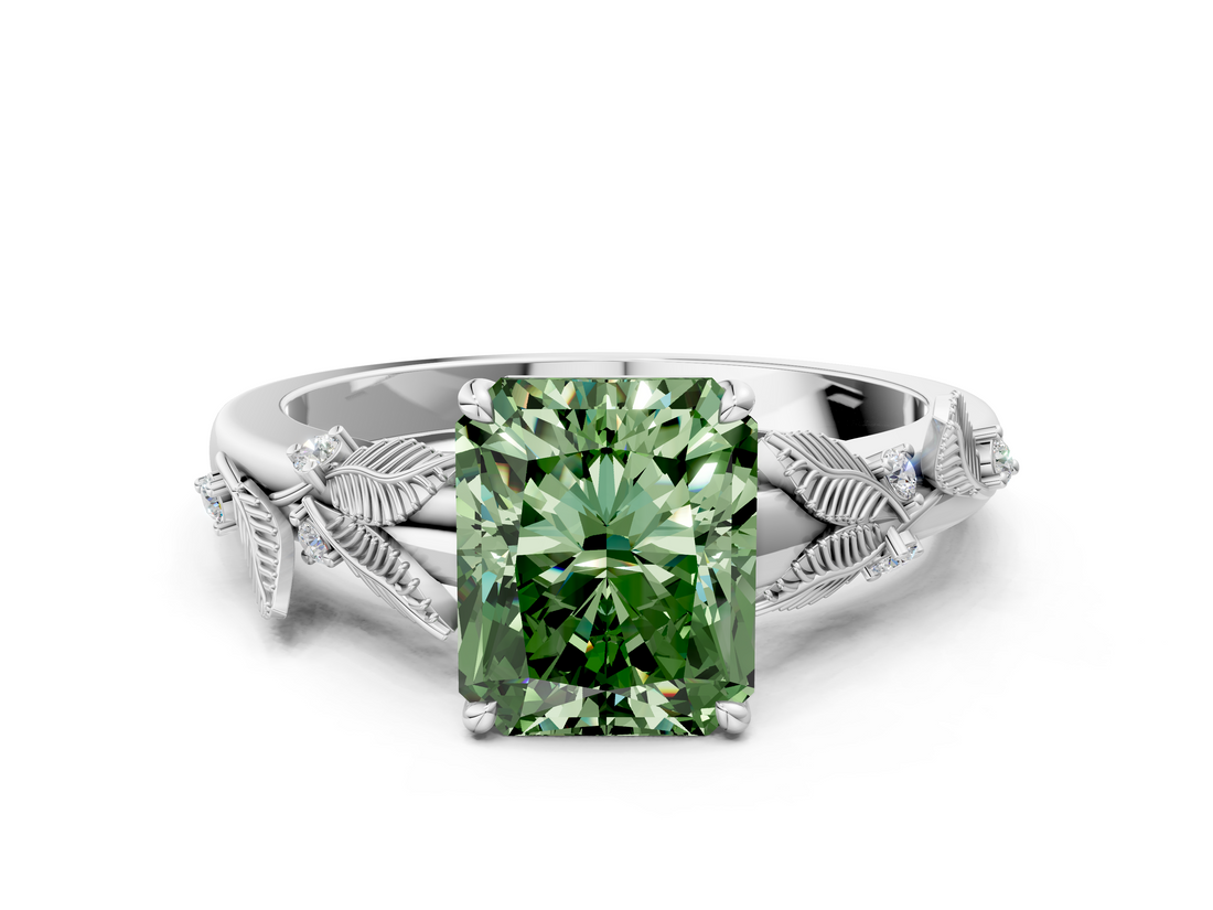 White gold Fancy Green Radiant  Brilliant Solitaire with Leaf Motif Band and Four-Prong Setting_61