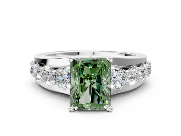 Platinum Fancy Green Radiant  Brilliant Solitaire with Side Stones on a Pave Band and Four-Prong Setting