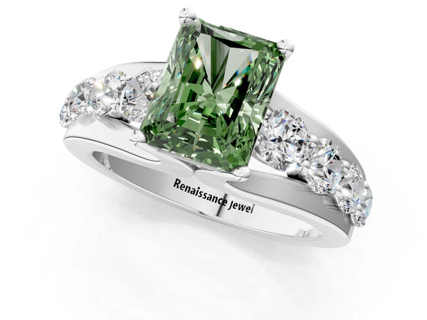 Platinum Fancy Green Radiant  Brilliant Solitaire with Side Stones on a Pave Band and Four-Prong Setting