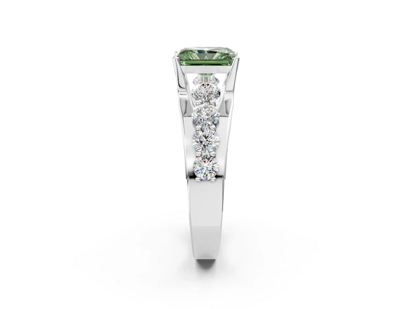 Platinum Fancy Green Radiant  Brilliant Solitaire with Side Stones on a Pave Band and Four-Prong Setting