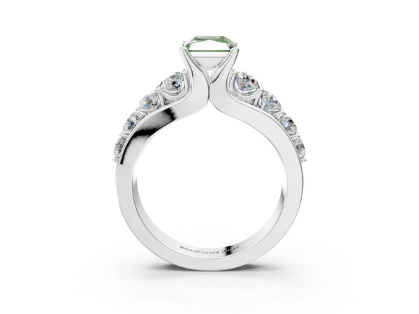 Platinum Fancy Green Radiant  Brilliant Solitaire with Side Stones on a Pave Band and Four-Prong Setting