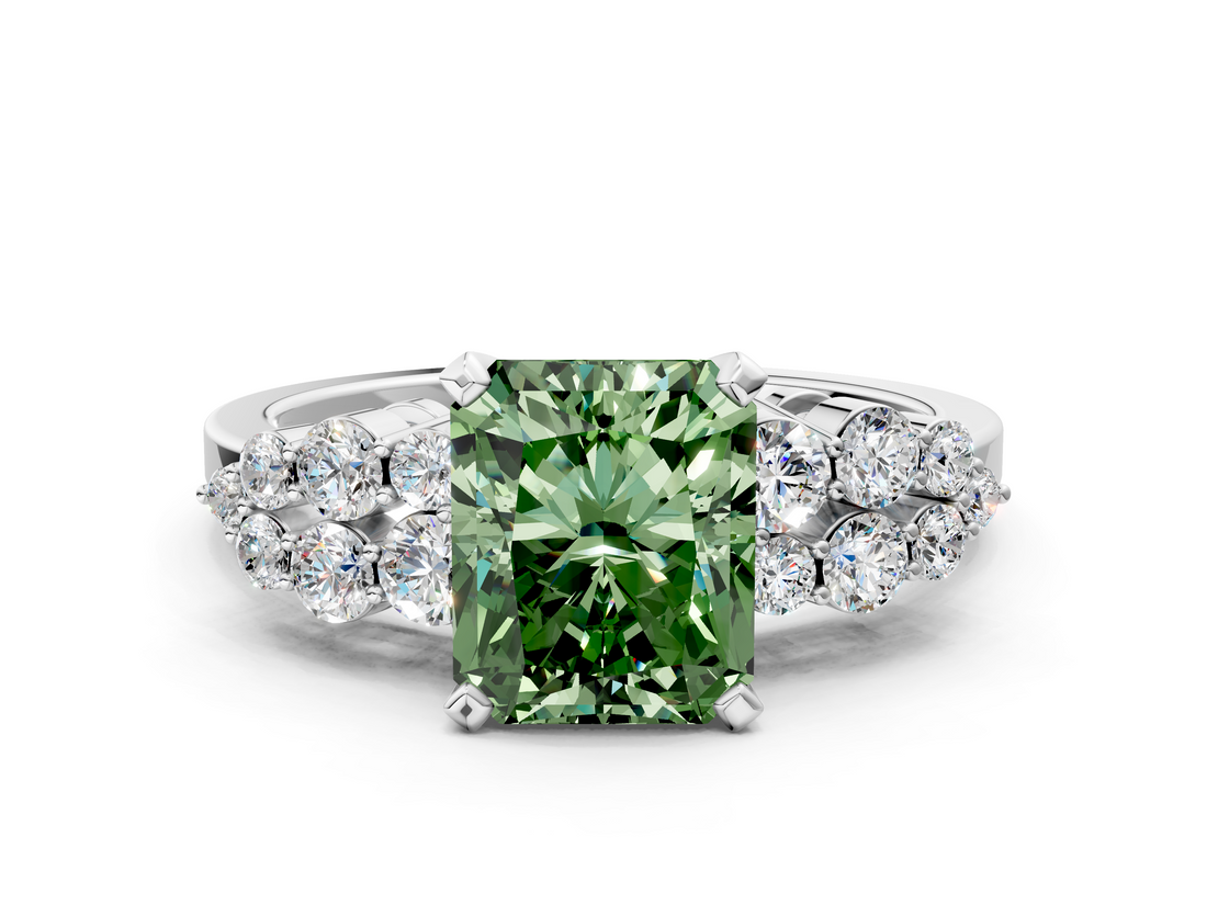 White gold Fancy Green Radiant  Cluster Diamond Engagement Ring with Pavé Band and Four-Prong Setting_63