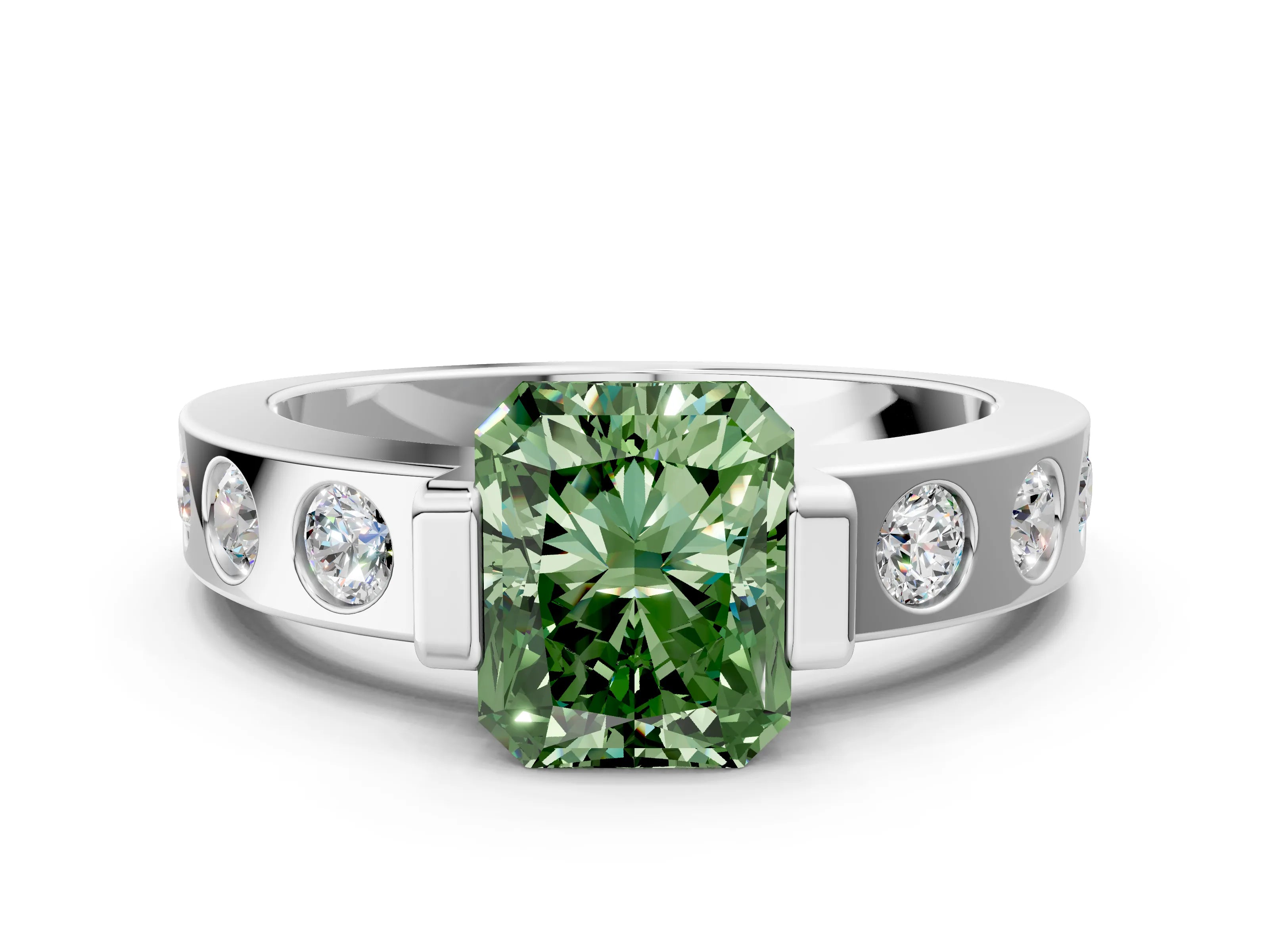 White gold Fancy Green Radiant Cut Brilliant Channel-Set Diamond Ring with Bezel Prong Setting