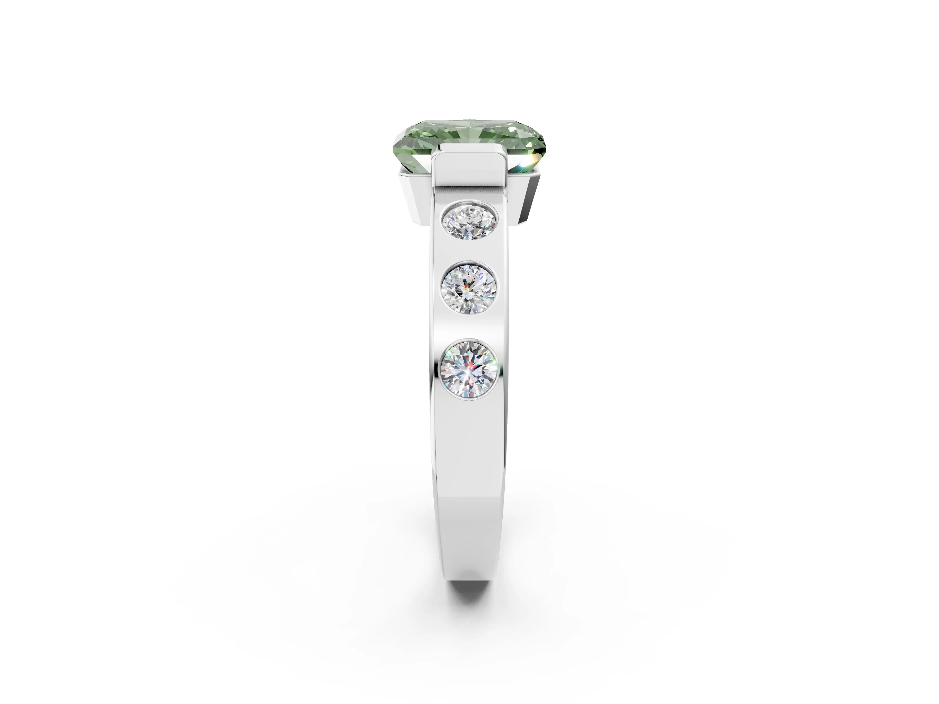 White gold Fancy Green Radiant Cut Brilliant Channel-Set Diamond Ring with Bezel Prong Setting_14