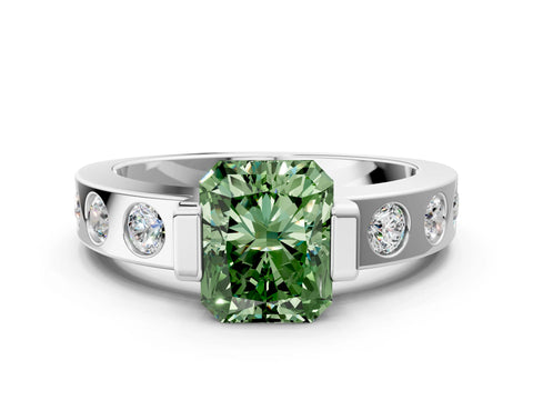 White gold Fancy Green Radiant Cut Brilliant Channel-Set Diamond Ring with Bezel Prong Setting