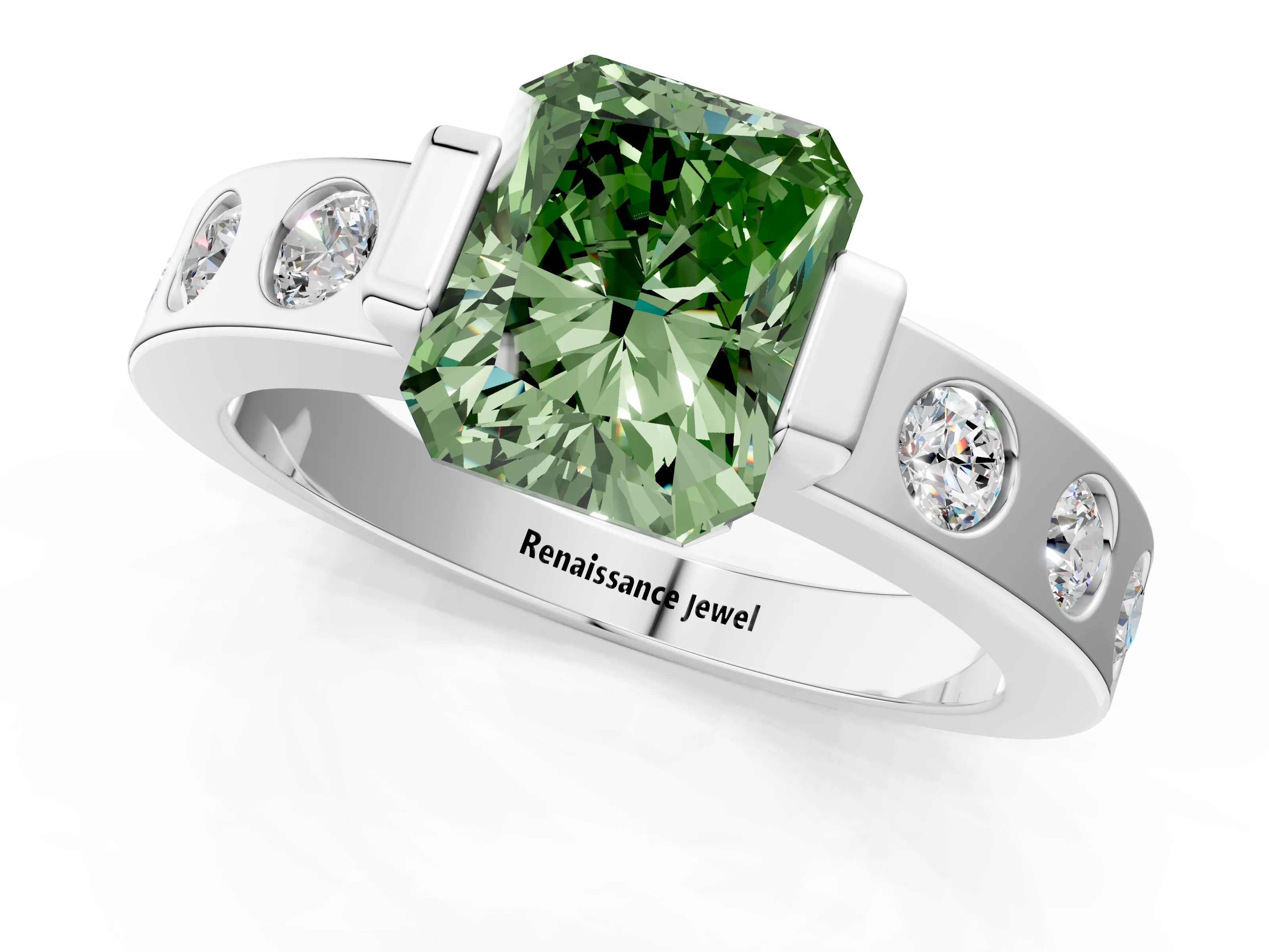 White gold Fancy Green Radiant Cut Brilliant Channel-Set Diamond Ring with Bezel Prong Setting_1
