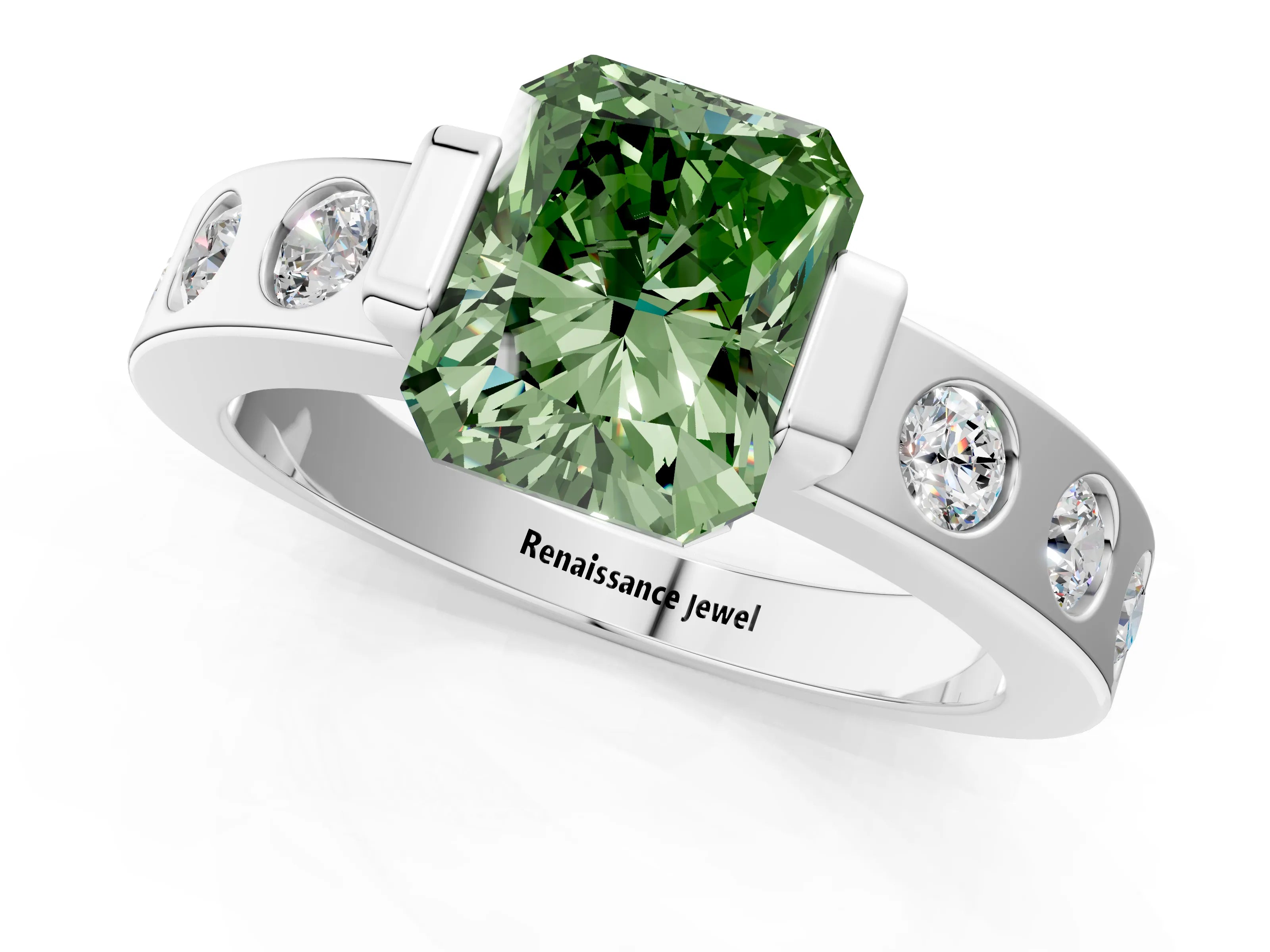 White gold Fancy Green Radiant Cut Brilliant Channel-Set Diamond Ring with Bezel Prong Setting_1
