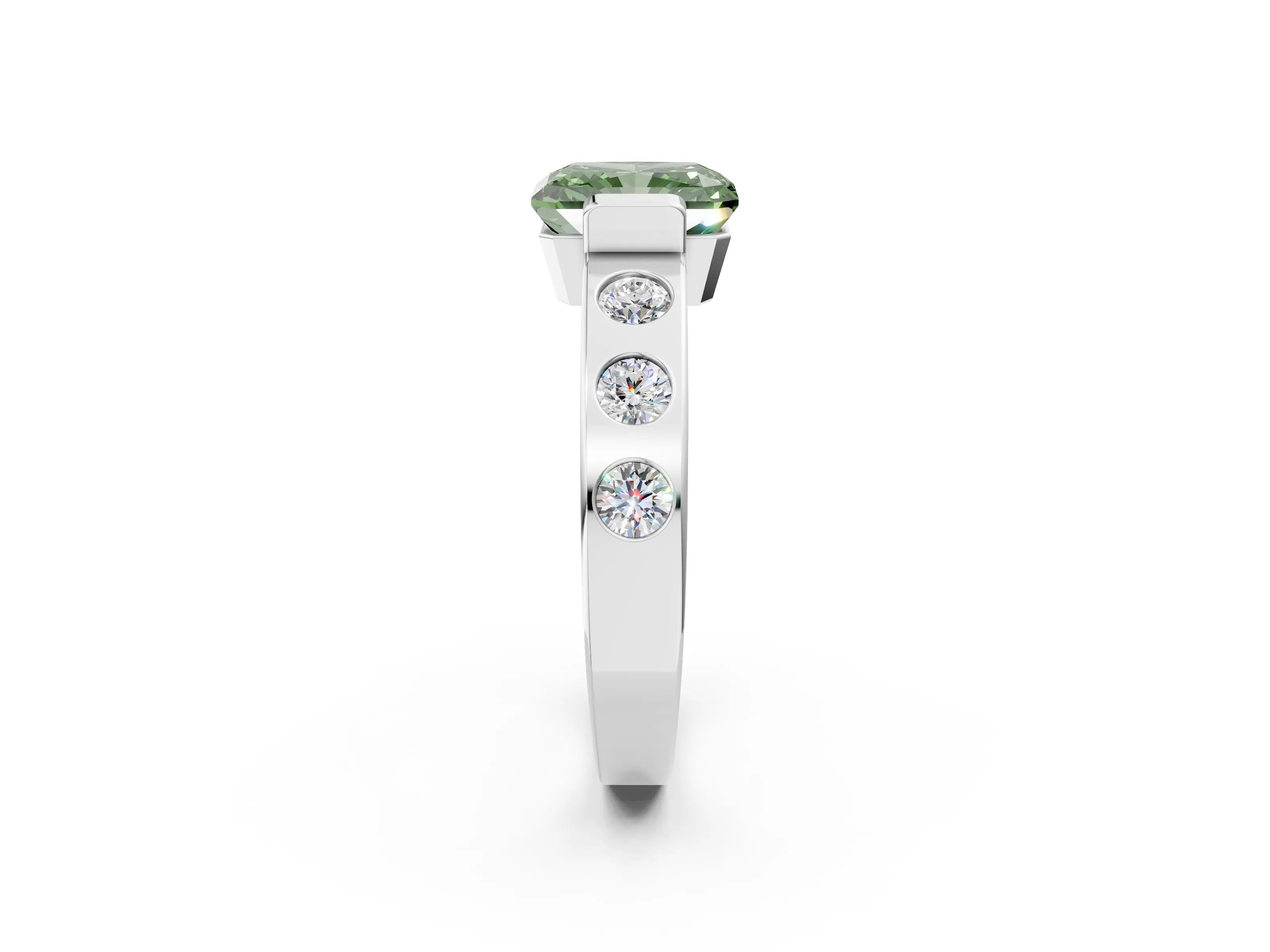 White gold Fancy Green Radiant Cut Brilliant Channel-Set Diamond Ring with Bezel Prong Setting_2