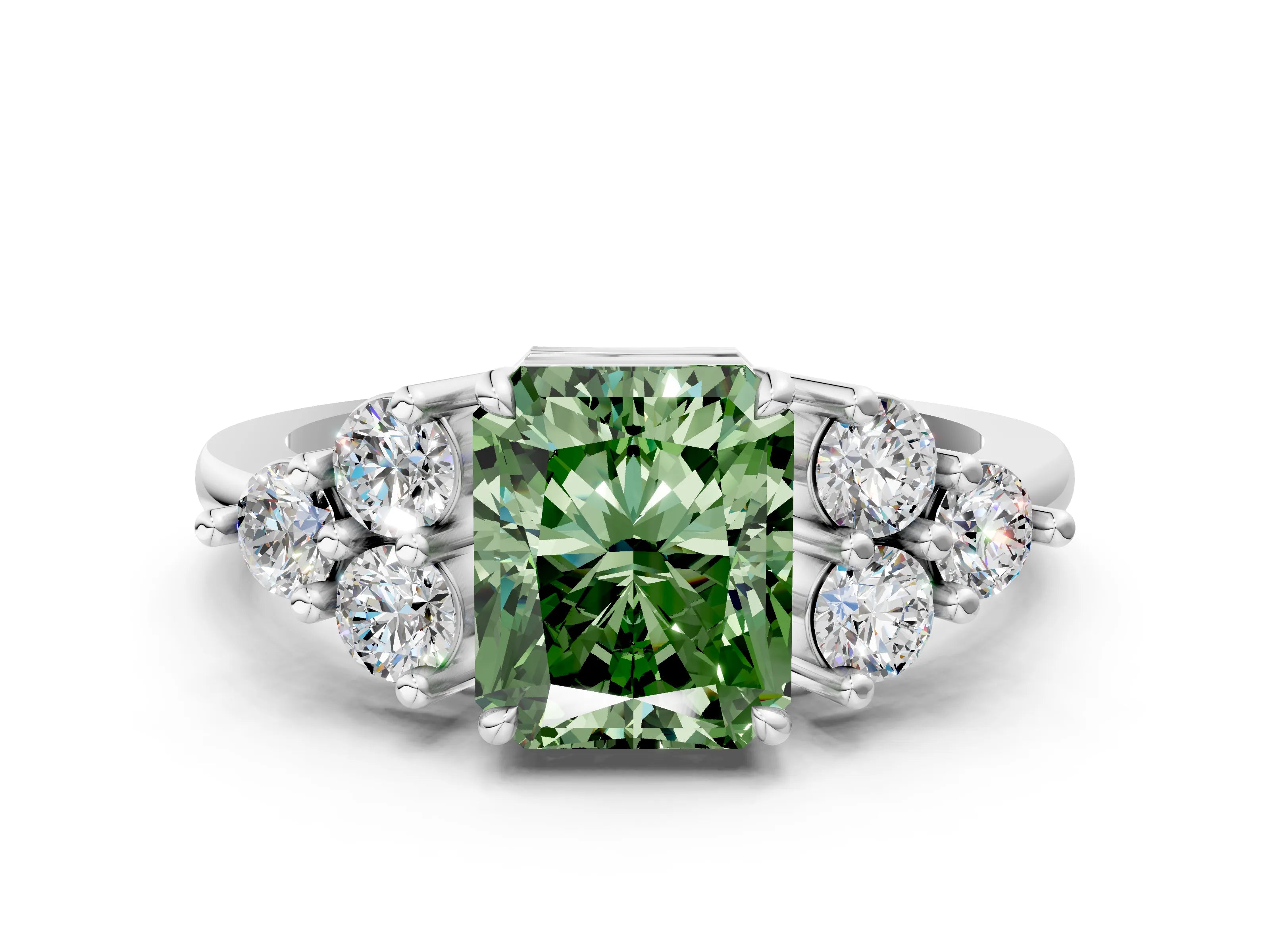 White gold Fancy Green Radiant Cut Brilliant Diamond Cluster Accent Solitaire Ring with Prong Setting_12