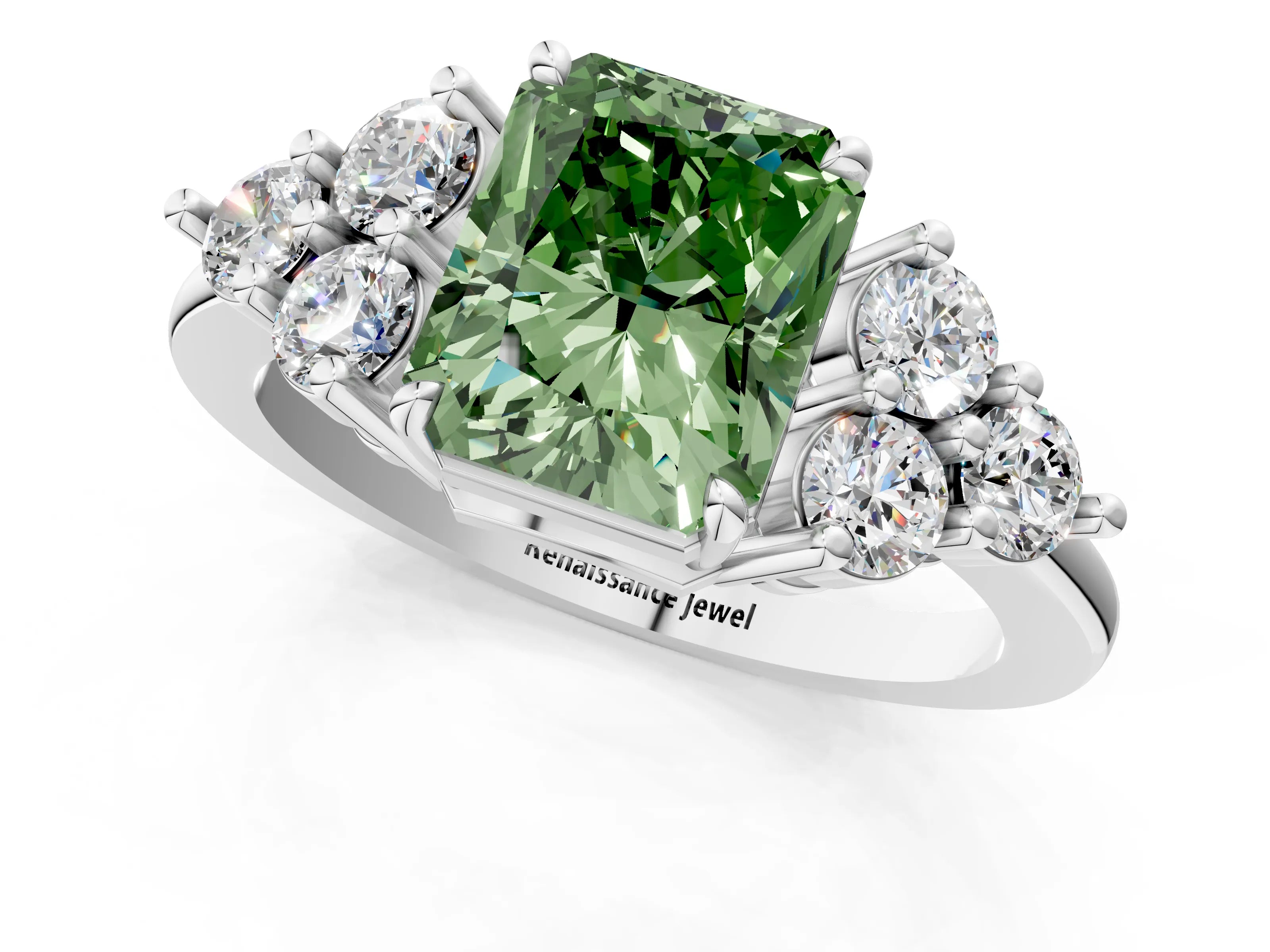 White gold Fancy Green Radiant Cut Brilliant Diamond Cluster Accent Solitaire Ring with Prong Setting_13
