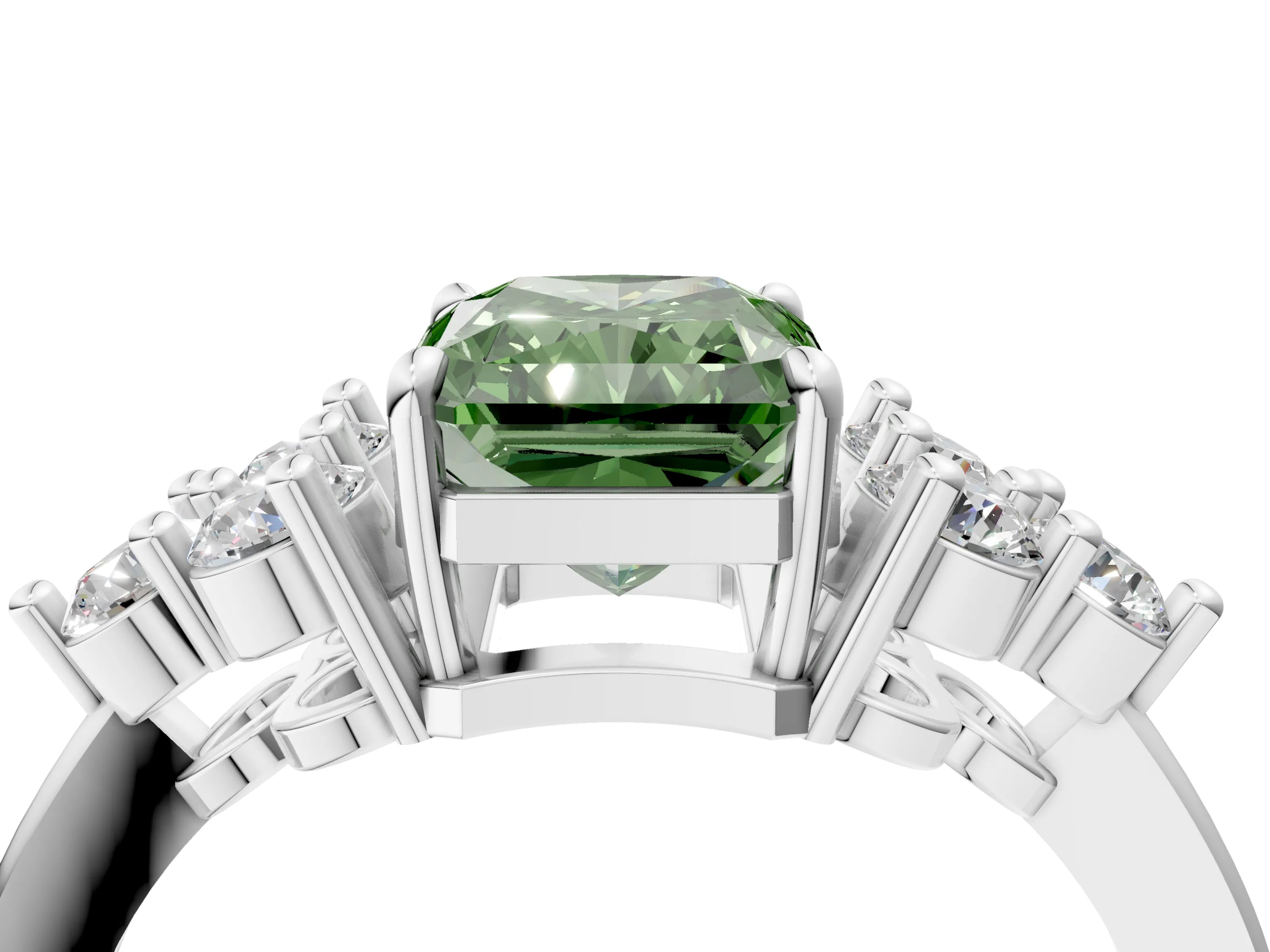 White gold Fancy Green Radiant Cut Brilliant Diamond Cluster Accent Solitaire Ring with Prong Setting_16