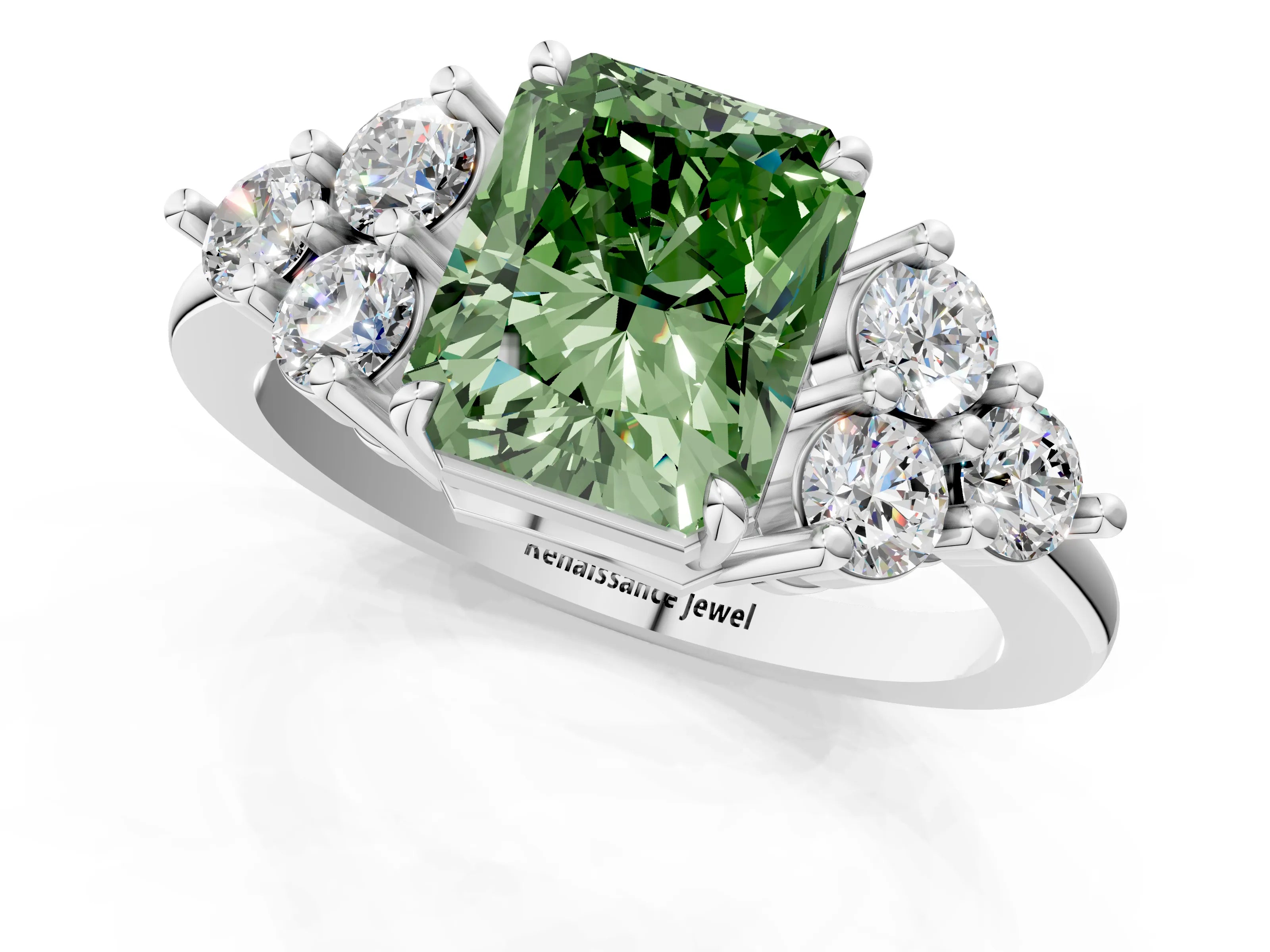 White gold Fancy Green Radiant Cut Brilliant Diamond Cluster Accent Solitaire Ring with Prong Setting_1