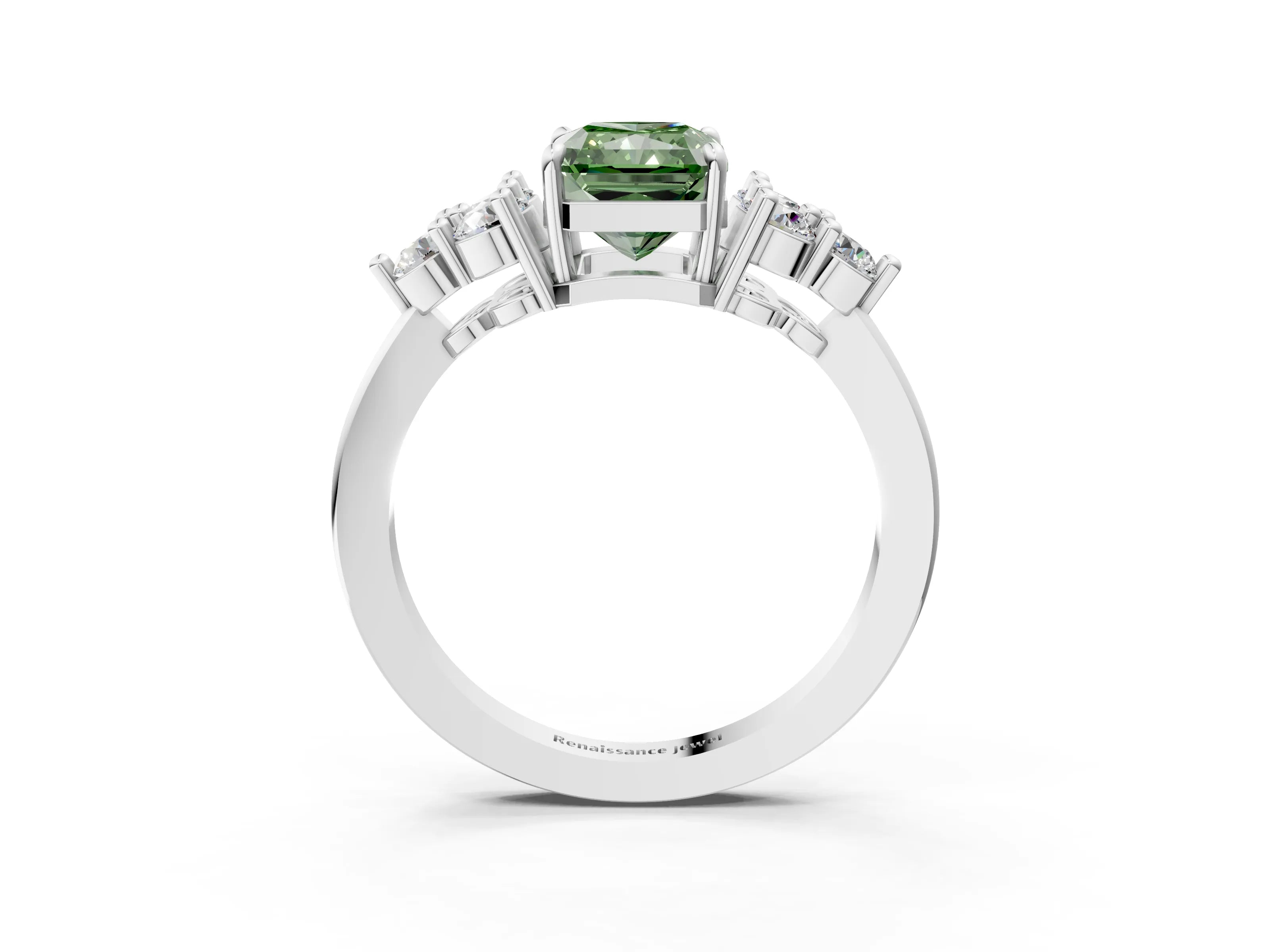 White gold Fancy Green Radiant Cut Brilliant Diamond Cluster Accent Solitaire Ring with Prong Setting_3