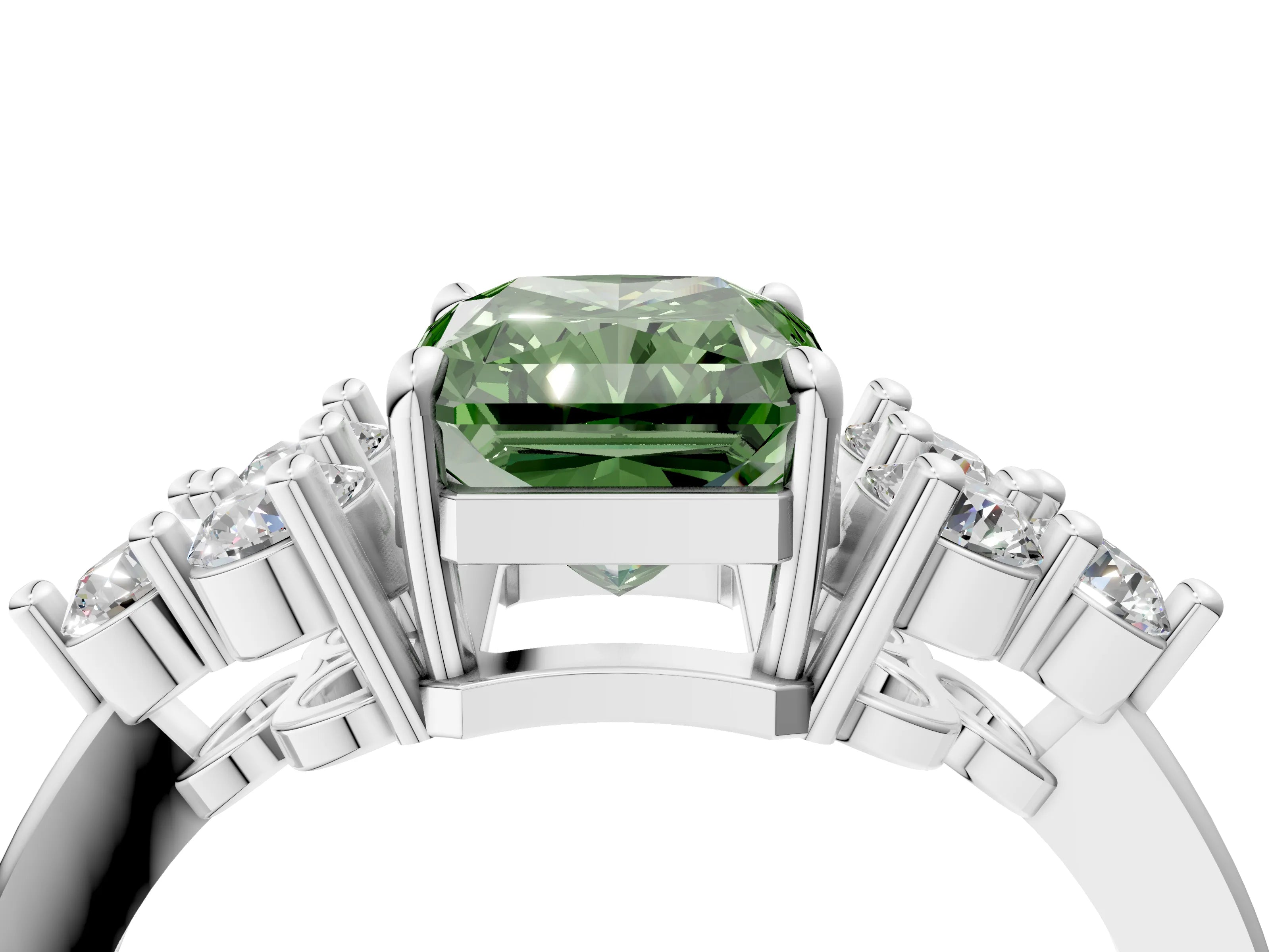 White gold Fancy Green Radiant Cut Brilliant Diamond Cluster Accent Solitaire Ring with Prong Setting_4