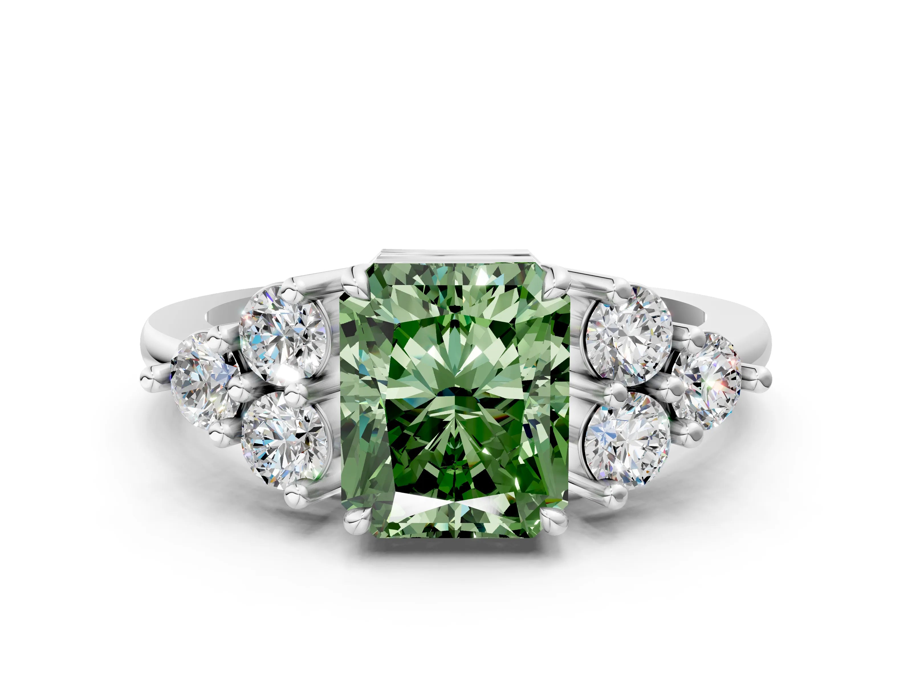 White gold Fancy Green Radiant Cut Brilliant Diamond Cluster Accent Solitaire Ring with Prong Setting
