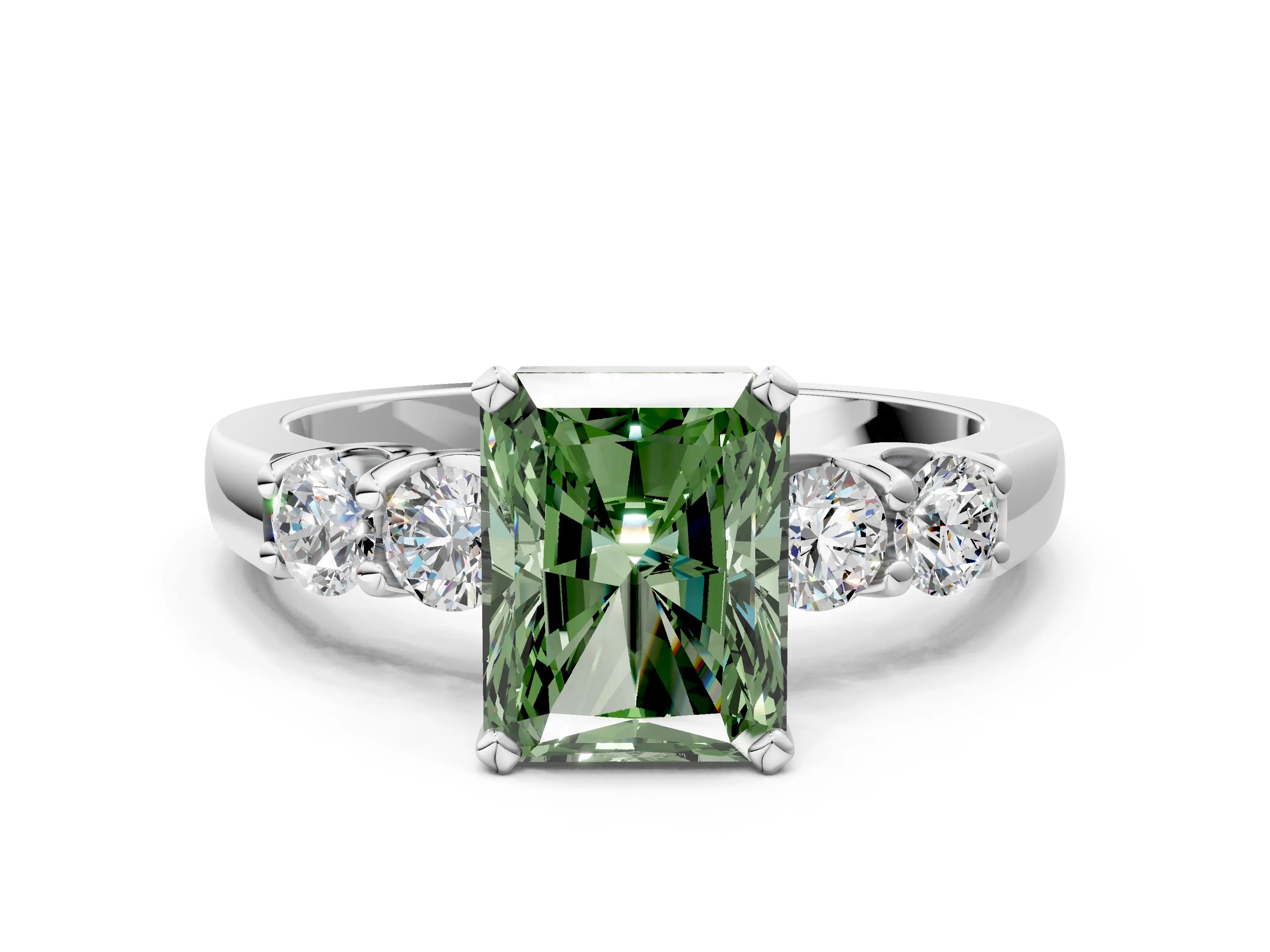 White gold Fancy Green Radiant Cut Brilliant Diamond Five-Stone Engagement Ring with Prong Setting on a Classic Band_3