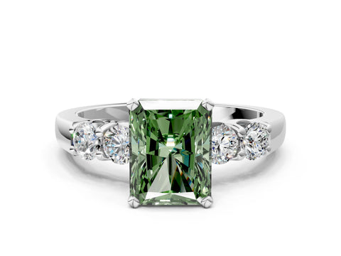 White gold Fancy Green Radiant Cut Brilliant Diamond Five-Stone Engagement Ring with Prong Setting on a Classic Band_3