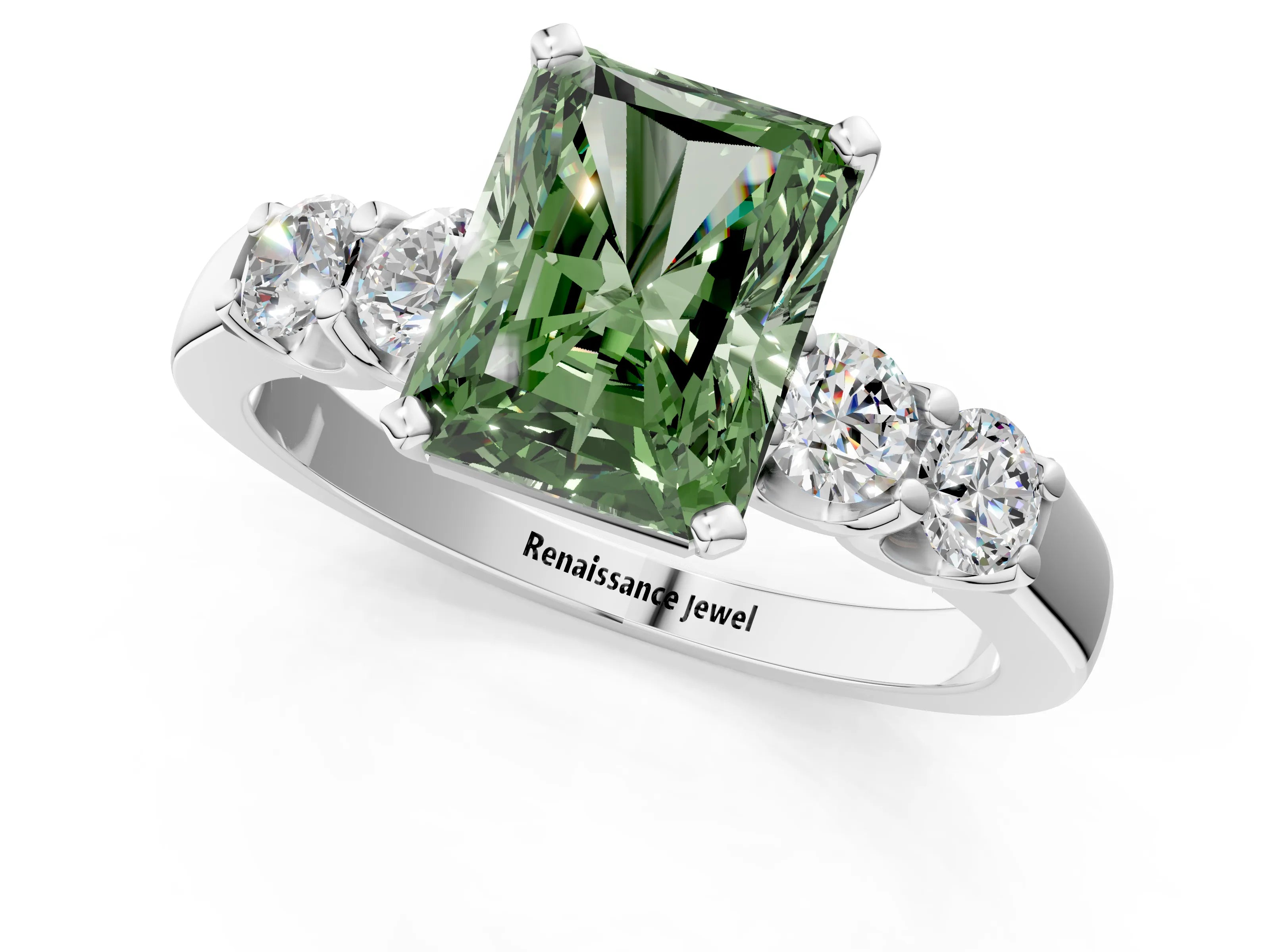 White gold Fancy Green Radiant Cut Brilliant Diamond Five-Stone Engagement Ring with Prong Setting on a Classic Band_4