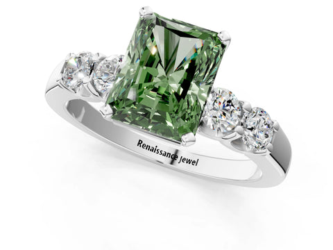 White gold Fancy Green Radiant Cut Brilliant Diamond Five-Stone Engagement Ring with Prong Setting on a Classic Band_4