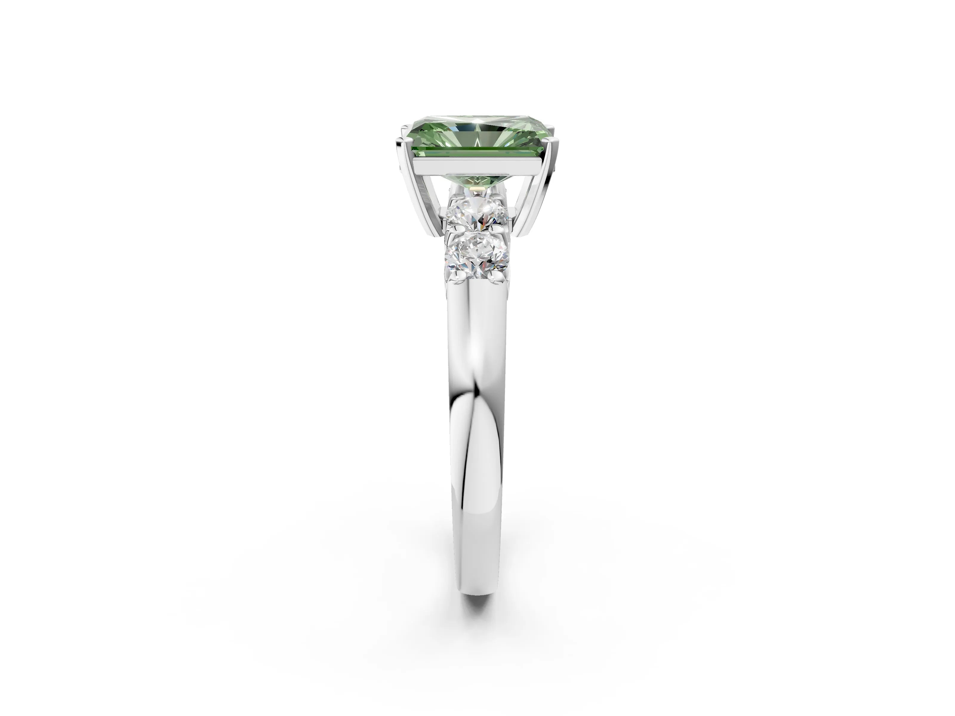 White gold Fancy Green Radiant Cut Brilliant Diamond Five-Stone Engagement Ring with Prong Setting on a Classic Band_5